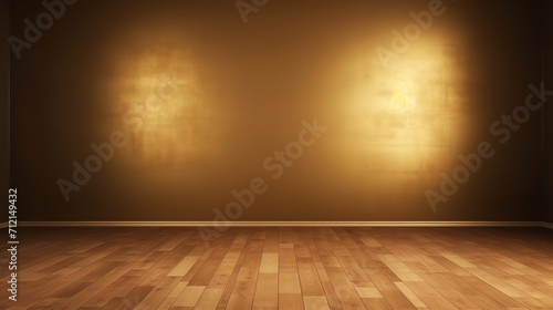empty Gold wall. dark brown wooden floor
