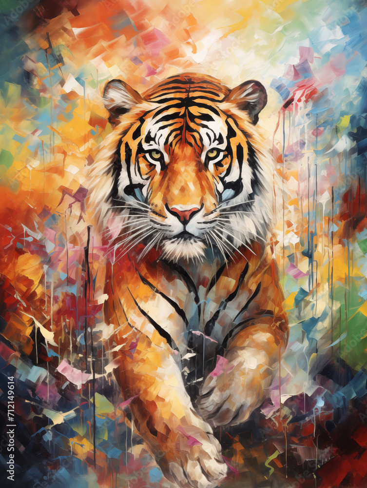 Acryl Abstract Vibrant Tiger Painting on Colorful Background