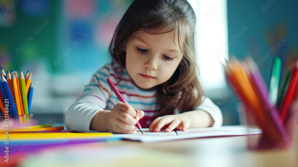 Happy little girl sitting at a table and drawing. Children's creativity and development concept. Happy little girl sitting at a table and drawing. Children's creativity and development concept.
