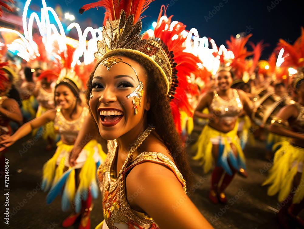 A smiling sexy woman of samba dancers in vibrant costumes Brazil during the carnival