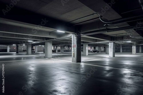 abstract perspective of empty underground parking. Generative AI © Leila