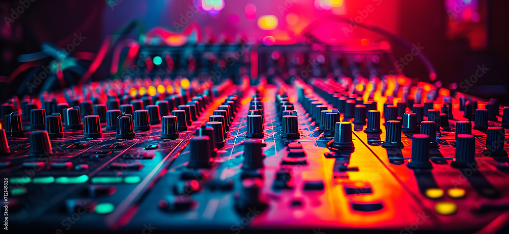 musical mixing console on stage - obrazy, fototapety, plakaty 