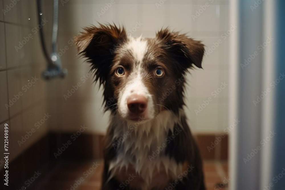 cute dog by wet spot inside. Generative AI