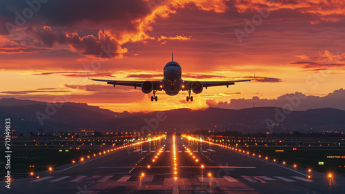 A plane taking off from an airport with beautiful landscape in sunset ,generative ai photo