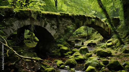 An ancient bridge covered with moss in a beautiful forest