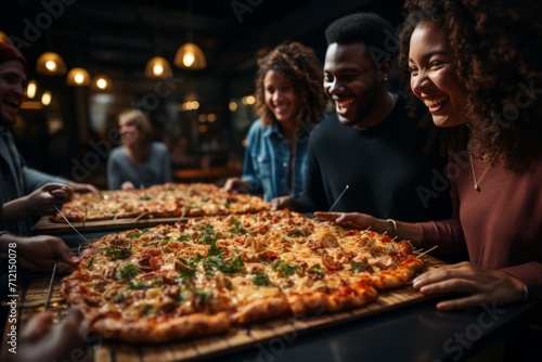 Multiracial group of employees sharing a pizza during a lively office break, Generative AI