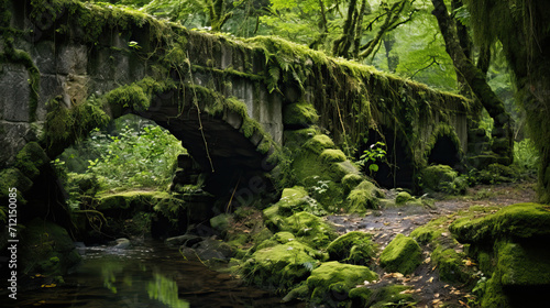 An ancient bridge covered with moss in a beautiful forest