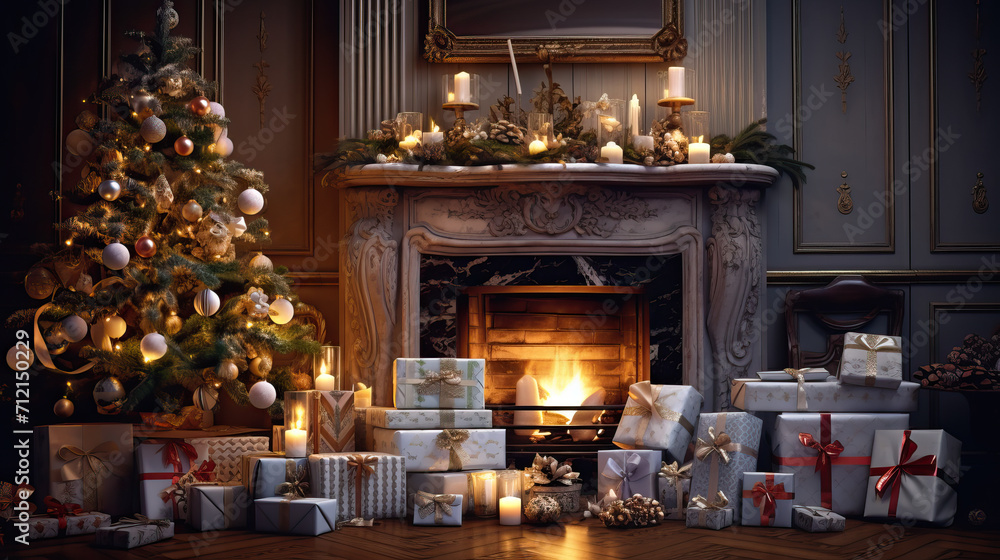 Cozy room with a New Year theme and a fireplace Cozy room with a New Year theme and a fireplace
