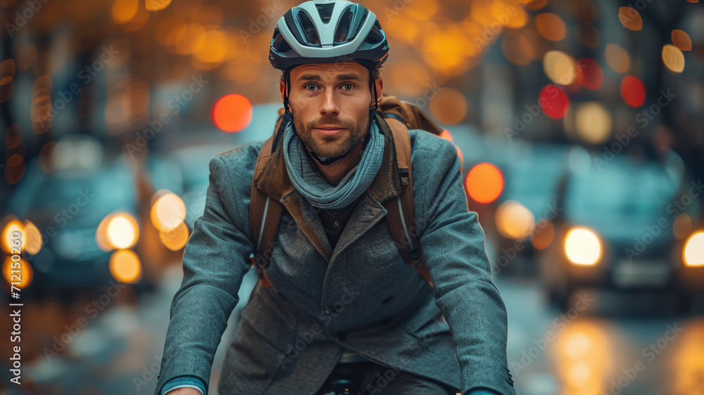 a young man with suit wearing helmet riding a bicycle on a road to work in a city street ,generative ai a young man with suit wearing helmet riding a bicycle on a road to work in a city street ,generative ai