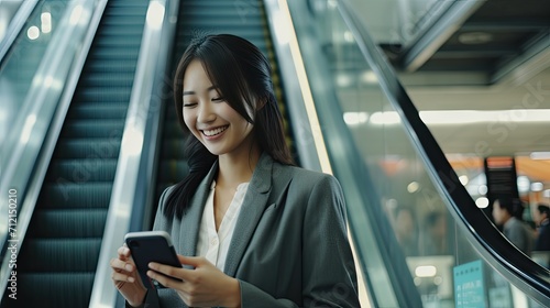 shot of a smiling young Asian business woman in a suit  standing on an urban escalator  using applications on her cell phone.
