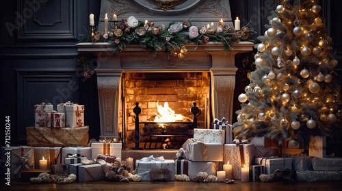 Cozy room with a New Year theme and a fireplace