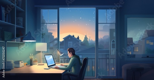 Late-night home office scene, capturing the dedication and solitude of working overtime in a remote setting