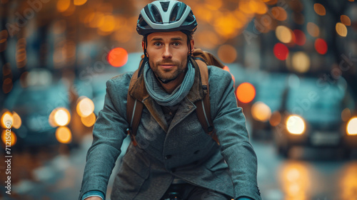 a young man with suit wearing helmet riding a bicycle on a road to work in a city street  generative ai