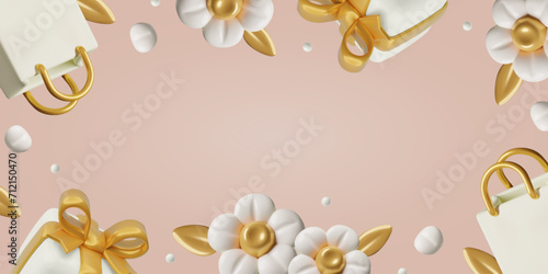 3D spring sale background with white and gold shopping bags, presents, flowers, leaves and copy space for promotion text. Mother's Day special offer three dimensional realistic vector banner design.