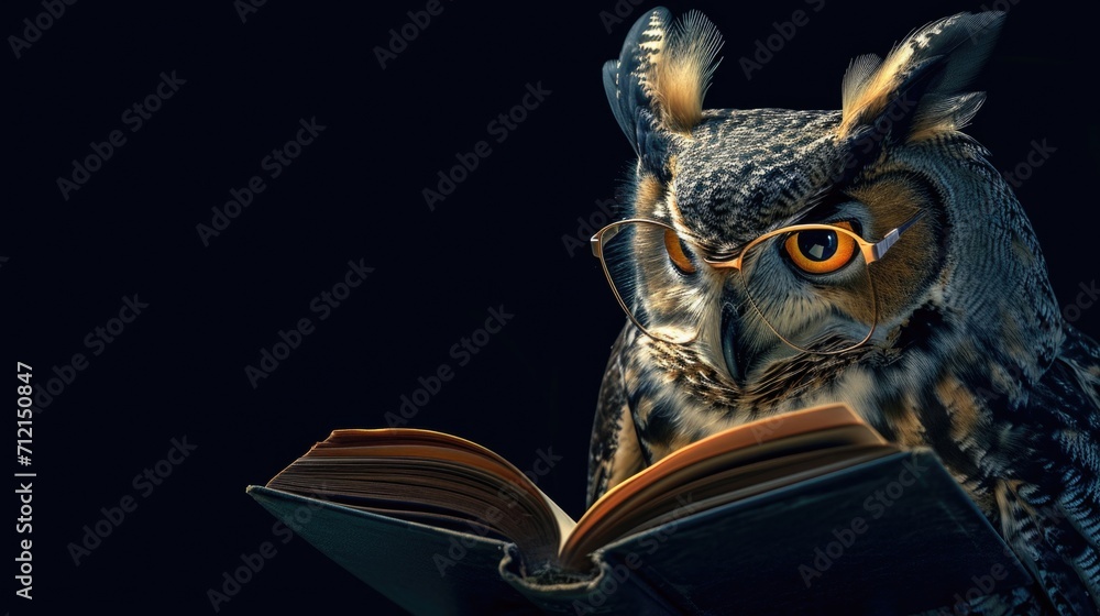 Naklejka premium Owl in the glasses reading a book on black background