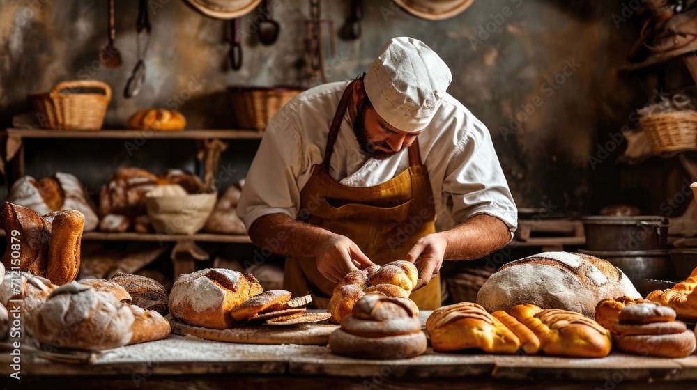 Photograph of a baker with fresh bakery products Photograph of a baker with fresh bakery products
