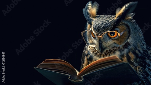 Owl in the glasses reading a book on black background