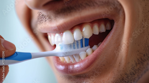 beautiful mouth of man with hand holding brush brushing  young man brushing him teeth with a toothbrush isolated on white background.generative ai