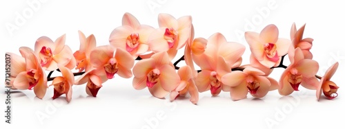 Beautiful brunch of orchid flowers banner panorama long - Peach fuzz orchids petals orchidaceae, isolated on white background.