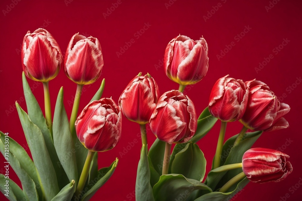 bouquet of tulips on red, decoration designs with flowers, wedding banner, spring flower bouquet of tulips on red, decoration designs with flowers, wedding banner, spring flower