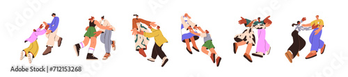 Happy friends, couples, families meeting, hugging. People glad to see each other, going toward to embrace. Reunion, warm greeting concept. Flat graphic vector illustration isolated on white background