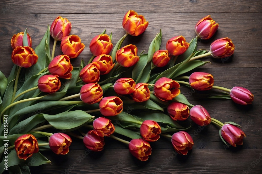 tulips on wooden backdrop with copy space, decoration designs with flowers tulips on wooden backdrop with copy space, decoration designs with flowers