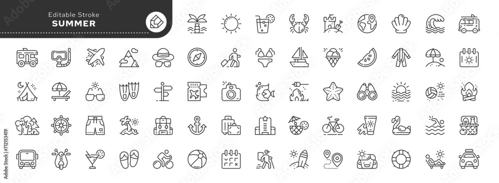 Set of line icons in linear style. Series - Summer and summer holidays. Travel and tourism. Vacation at the hotel, on the sea and on the beach. Outline icon collection. Conceptual pictogram - obrazy, fototapety, plakaty 