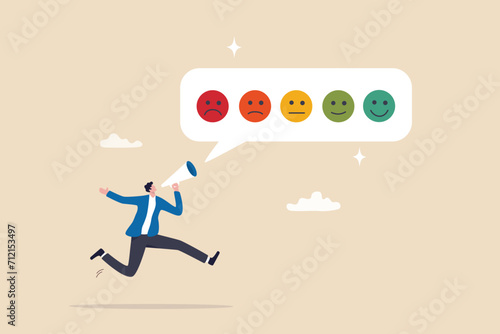 Customer satisfaction survey, service quality feedback, rating or opinion, user experience emoticon, angry or smile face review, client questionnaire concept, man shouting with satisfaction emoticon.