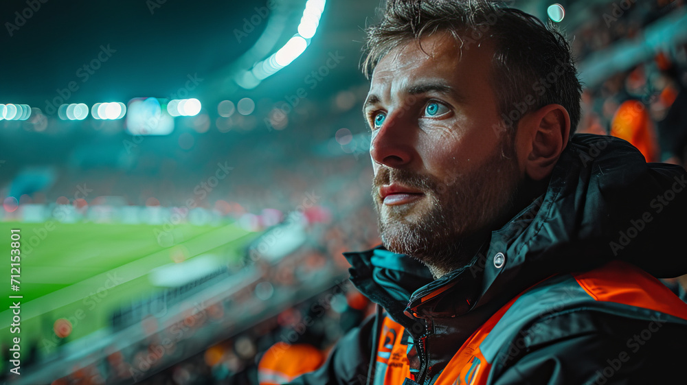 Security man with team security background. Security focus in football stadium,generative ai Security man with team security background. Security focus in football stadium,generative ai