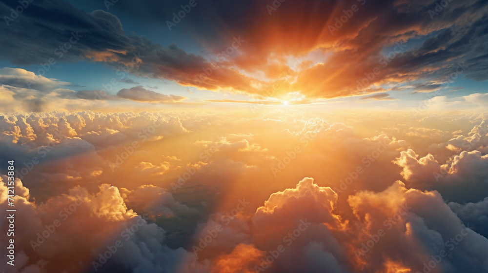 a view of the sun through the clouds from a plane window with the sun shining through the clouds and the sun shining through the clouds, generative ai