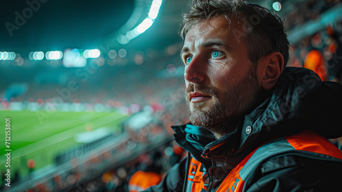 Security man with team security background. Security focus in football stadium,generative ai