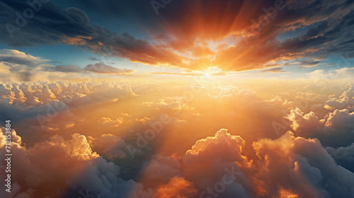 a view of the sun through the clouds from a plane window with the sun shining through the clouds and the sun shining through the clouds, generative ai