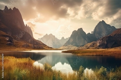 Majestic landscape featuring ancient mountain cliffs and a serene lake in a valley. Generative AI