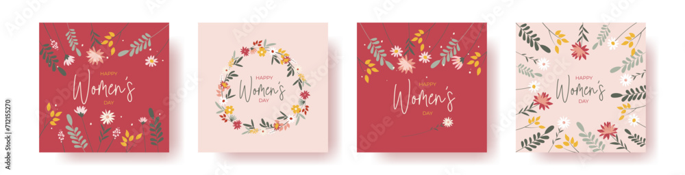 Set of 4 square greeting cards for international women's day with calligraphic hand written phrase. Women with flowers. Eight march. Hand drawn flat vector illustration - obrazy, fototapety, plakaty 