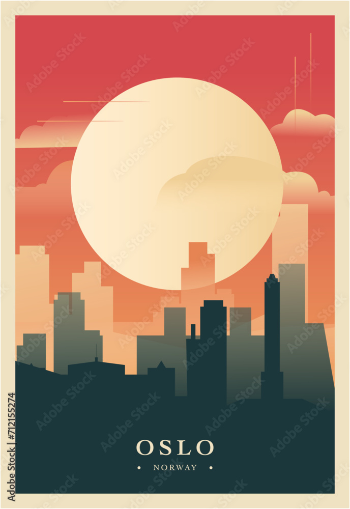 Oslo city brutalism poster with abstract skyline, cityscape retro vector illustration. Norway capital travel front cover, brochure, flyer, leaflet, business presentation template image