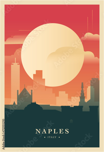 Naples city brutalism poster with abstract skyline, cityscape retro vector illustration. Italy, Campania region travel front cover, brochure, flyer, leaflet, business presentation template image
