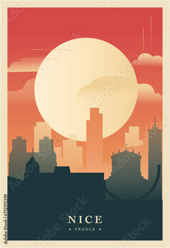 Nice city brutalism poster with abstract skyline, cityscape retro vector illustration. France, French Riviera town travel front cover, brochure, flyer, leaflet, business presentation template image