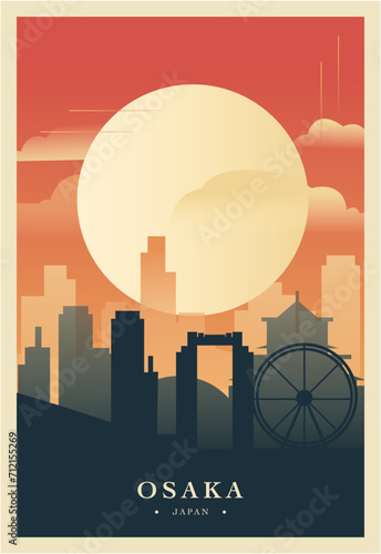 Osaka city brutalism poster with abstract skyline, cityscape retro vector illustration. Japan megapolis travel front cover, brochure, flyer, leaflet, business presentation template image