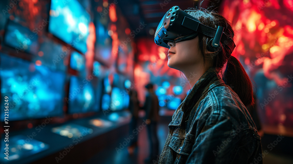 young woman is exploring a digital world wearing a VR headset, surrounded by screens and colorful lights in a dark room young woman is exploring a digital world wearing a VR headset, surrounded by screens and colorful lights in a dark room