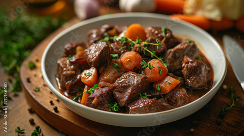 Classic Beef Bourguignon in Rustic Bowl with Carrots and Herbs