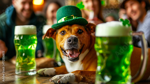 St. Patrick\'s Day image of people drinking green beer and dog in hat