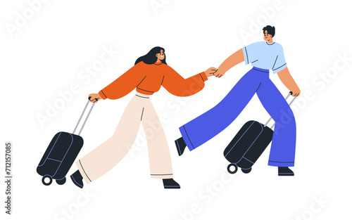 Love couple travel with suitcases. Happy man and woman tourists running, hurr...