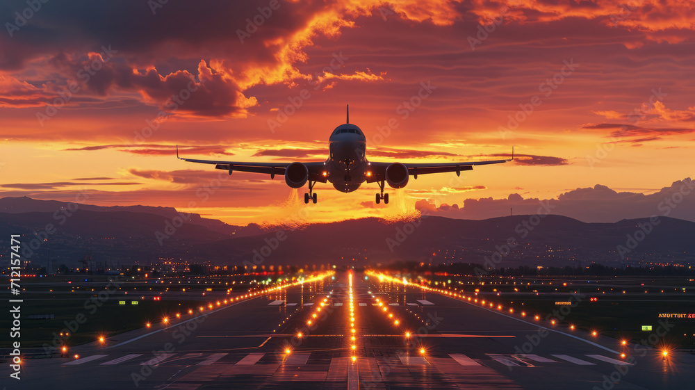 A plane taking off from an airport with beautiful landscape in sunset ,generative ai