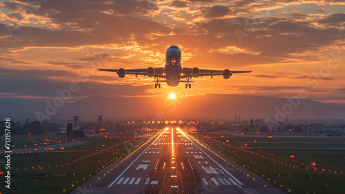 A plane taking off from an airport with beautiful landscape in sunset ,generative ai photo
