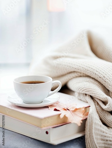 Cozy Autumn Reading Time with Coffee and Knitted Blanket