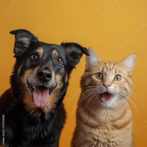 cat and dog posing for picture on orange background
