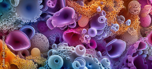 Colorful microscopy view of cells and organisms for scientific research. Microbiology and medicine.