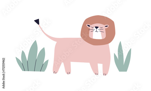 Cute baby lion with mane. Wild cat, jungle feline animal in nature. Tropical ...