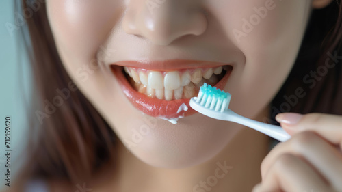 beautiful mouth of woman with hand holding brush brushing  young woman brushing her teeth with a toothbrush isolated on white background.generative ai