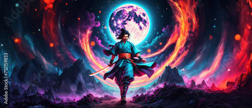 fantasy illustration , very detailed neon, of a samurai in traditional clothing running on the moon, wallpaper, 21:9